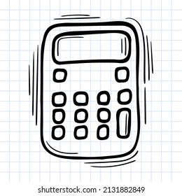 Hand Drawn Calculator Icon On Checkered Background. Office Supplies Doodle. Vector Illustration