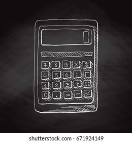 Hand drawn calculator on black chalkboard. Vector illustration in sketch style.