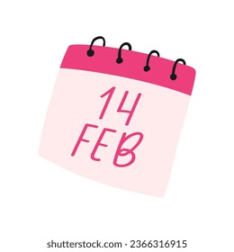 Hand drawn calendar for 14 february, cartoon flat vector illustration isolated on white background. Cute Valentines day calendar. Concepts of love, holiday celebration and romantic date.