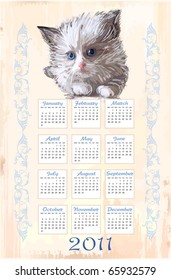 hand drawn calendar 2011 with fluffy kitten