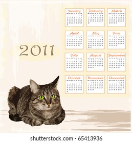 hand drawn calendar 2011 with lying tabby cat