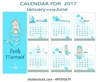 Hand drawn calendar for 2017 part 1 january june with little mermaid illustration. Design for girls.