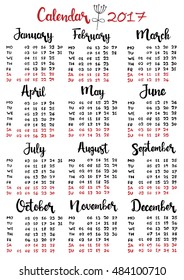 Hand drawn calendar 2017. Week starts on Monday. Modern vector calligraphy. Months of the year lettering for your design