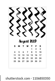 Hand drawn Calendar 2019, August month concept design. Creative Design Template with abstract ink and chalk grunge texture. Vector Illustration EPS 10 file