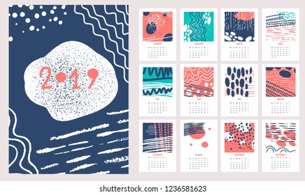 Hand drawn calendar 2019. Design with hand drawn brush stroke, abstract elements and different textures. Vector illustration. 