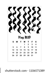 Hand drawn Calendar 2019, May month concept design. Creative Design Template with abstract ink and chalk grunge texture. Vector Illustration EPS 10 file