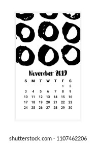 Hand drawn Calendar 2019, November month concept design. Creative Design Template with abstract ink and chalk grunge texture. Vector Illustration EPS 10 file