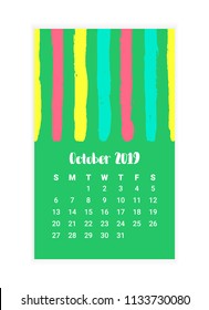 Hand drawn Calendar 2019, October month concept design. Creative Design Template with abstract ink and chalk grunge texture. Vector Illustration EPS 10 file