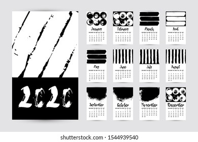 Hand drawn Calendar 2020. Set of 12 Months. Creative Black and White design template with messy ink grunge texture. Week starts Sunday. Monochrome minimal style. Vector flyer layout, brochure, frame