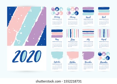 Hand drawn Calendar 2020. Set of 12 Months. Creative Pastel colors design template with messy ink grunge texture. Week starts Sunday. Monochrome minimal art style. Vector flyer layout, brochure, frame