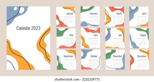 Hand drawn calendar for 2023. Vertical abstract template for 12 months. The week starts on Sunday. Trendy vector illustration with various shapes and elements.Bright doodle style.