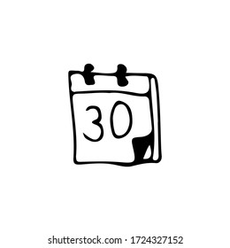 Hand Drawn Calendar Icon In Vector With Date 30. Doodle Calendar Icon In Vector With Date 30