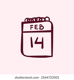 Hand drawn calendar illustration with the date 14 February. Suitable for valentine event, presentation, graphic design