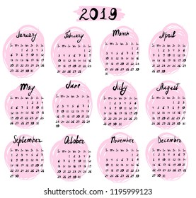Hand drawn calendar with lettering for 2019. Week starts on sunday.