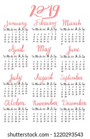 Hand drawn calendar with lettering for 2019. Week starts on sunday.