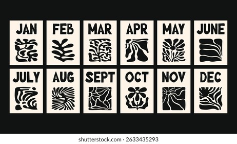 Hand drawn calendar in Matisse style with vibrant floral and leaf motifs, naive doodle design, groovy color palette, and printable vector templates for posters, cards, and yearly planning.