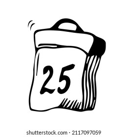 Hand drawn of calendar page, christmas day. 25 december, holiday. Outline design element for greeting cards. Doodle vector illustration isolated on white background.