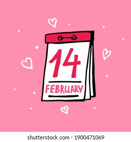 Dibujo manual de la página del calendario, Día de San Valentín. 14 de febrero, feriado. Elemento de diseño de esquema para tarjetas de felicitación. Ilustración vectorial en fondo rosado.