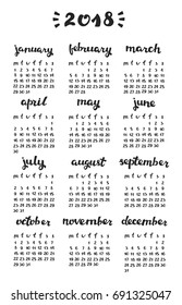 Hand drawn Calendar Template for 2018 Year. 