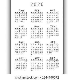 Hand drawn Calendar Template for 2020 Year. Good for education or business.