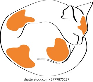 Hand drawn calico sleeping cat line art with orange patches, cozy lazy day pet illustration