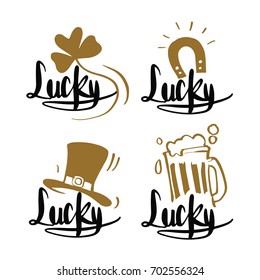 Hand drawn Caligraphy about lucky, horseshoe, clover leaves, leprechaun hat, beer mug, Lettering, calligraphy vector illustration.