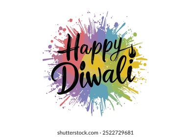Hand drawn calligraphic brush stroke colorful paint lettering of Happy Diwali