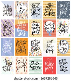 Hand drawn calligraphic card set. Vector illustration. Collection of flyers, brochures, templates. Design of scandinavian cards with lettering, patterns and ornaments.