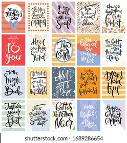 Hand drawn calligraphic card set. Vector illustration. Collection of flyers, brochures, templates. Design of scandinavian cards with lettering, patterns and ornaments.