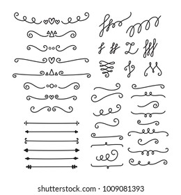 Hand drawn calligraphic design elements. Set of decorative symbols in doodle style. Lines, borders and dividers. Vector illustration
