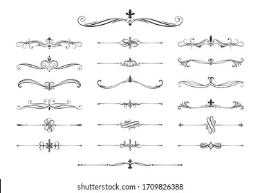 Hand drawn calligraphic dividers. Swirl victorian borders.  Vector isolated royal decor separators. Classic wedding invitation calligraphic lines.