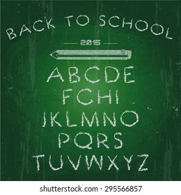 Hand drawn calligraphic font. alphabet, for the presentation of school supplies, quote Back to School on blackboard