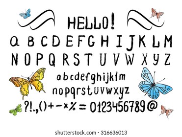 Hand drawn Calligraphic Font and artistic butterflies. Set of ABC design elements Hand-drawn (individual objects). Abstract alphabet of design for your projects. Vector illustration