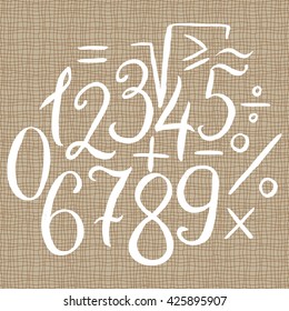 Hand drawn calligraphic font, digits and mathematical symbols. Handwritten vector numbers and signs