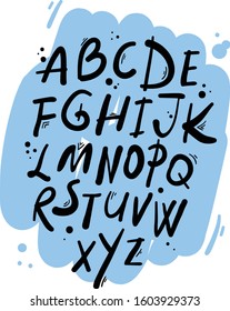 Hand drawn calligraphic font. Vector latin rustic alphabet painted by brush on blue background. Calligraphy unique cartoon doodle. Dots and stripes. Illustration concept for lettering design, poster