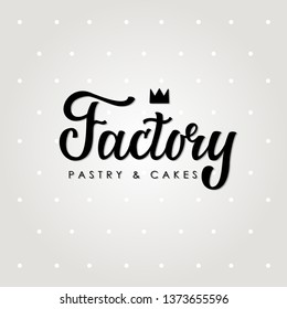 Hand Drawn Calligraphic Logo Factory for cafe, shop, store, restaurant, bistro or other business. Gentle, elegant, romantic, fashion, stylish, Lettering for branding. Polka Dots background.