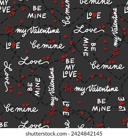 hand drawn calligraphic love quotes with messy heart shapes romantic lovely vector seamless pattern isolated on dark background