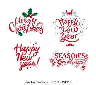 Hand drawn calligraphic Set for Merry Christmas, Seasons Greetings, Happy New Year. Vector illustration