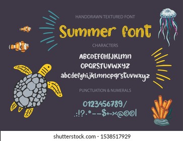 Hand drawn calligraphic vector font. Distress cute texture. Modern calligraphy type. ABC summer typography latin alphabet.