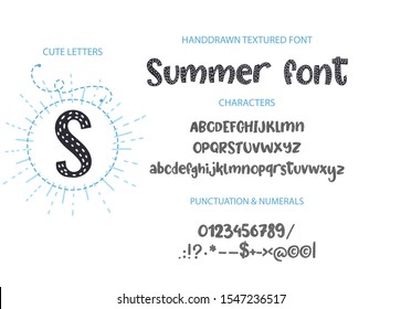 Hand drawn calligraphic vector font. Distress cute texture. Modern calligraphy type. ABC summer typography latin alphabet.