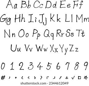 Hand drawn calligraphic vector font. Uppercase, lowercase, numbers, punctuation