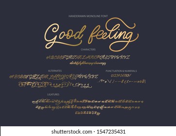 Hand drawn calligraphic vector monoline font. Distress signature letters. Modern script calligraphy type. ABC typography latin signature alphabet.