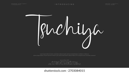 Fonte monocromática de vetor caligráfico desenhada à mão. Cartas de assinatura de socorro. Tipo de caligrafia de script moderno. Alfabeto latino de assinatura da tipografia ABC.