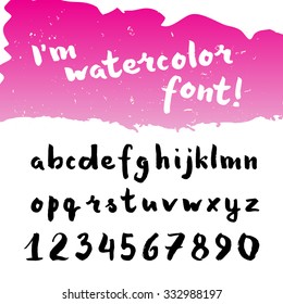 Hand drawn calligraphic watercolor brush font. Vector alphabet illustration.