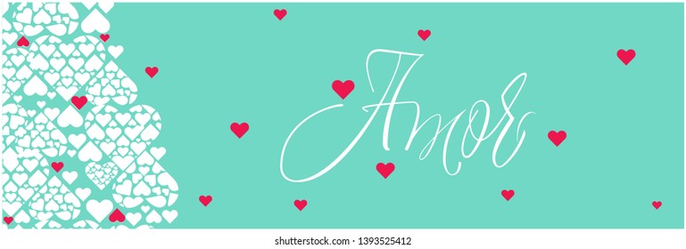 Hand drawn calligraphy "AMOR"- mean LOVE, written in Spanish, on turquoise background. Flat vector illustration for Valentine`s Day cards, posters, greetings, invitations, wedding design, prints, web.