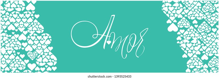 Hand drawn calligraphy "AMOR"- mean LOVE, written in Spanish, on turquoise background. Flat vector illustration for Valentine`s Day cards, posters, invitations, greetings, prints, wedding design, web.