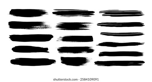 Hand drawn calligraphy brush strokes black paint texture set vector illustration isolated on white background. Japanese calligraphy brush strokes high detail abstract elements collection.