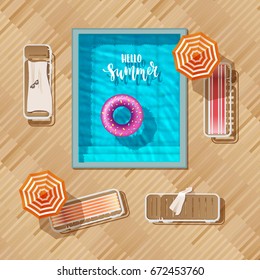 Hand drawn calligraphy hello summer. pool top view,  inflatable swim ring in shape of donut in the pool