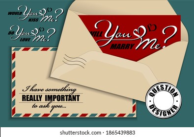 Hand drawn calligraphy lettering with copy space card and vintage envelope. Vector mockup constructor of questions. Will you marry me. Would you kiss me. Do you love me