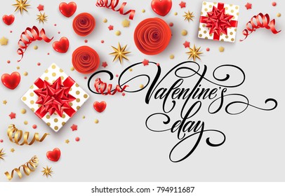Hand drawn calligraphy lettering Happy Valentine Day. Color gift box, bows and ribbons. Vector illustration EPS10